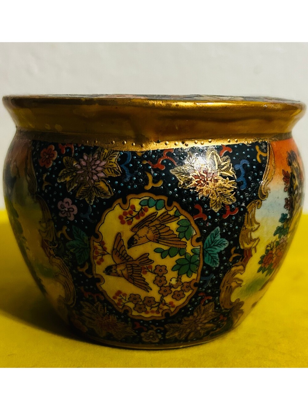 Vintage Chinese Satsuma Mini Fishbowl Planter Moriage Gold Geisha Succulent Pot